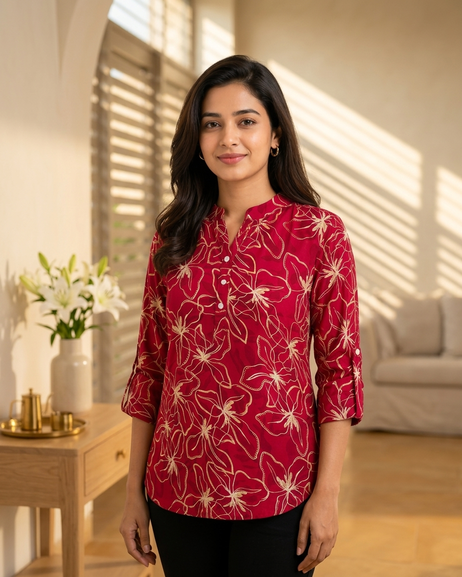 Cherry Red Floral Print Tunic with Mandarin Collar & Roll-Up Sleeves