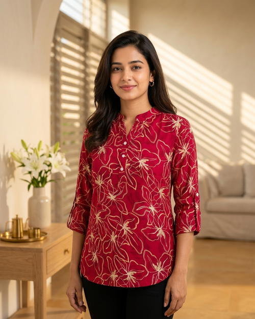 Cherry Red Floral Print Tunic with Mandarin Collar & Roll-Up Sleeves
