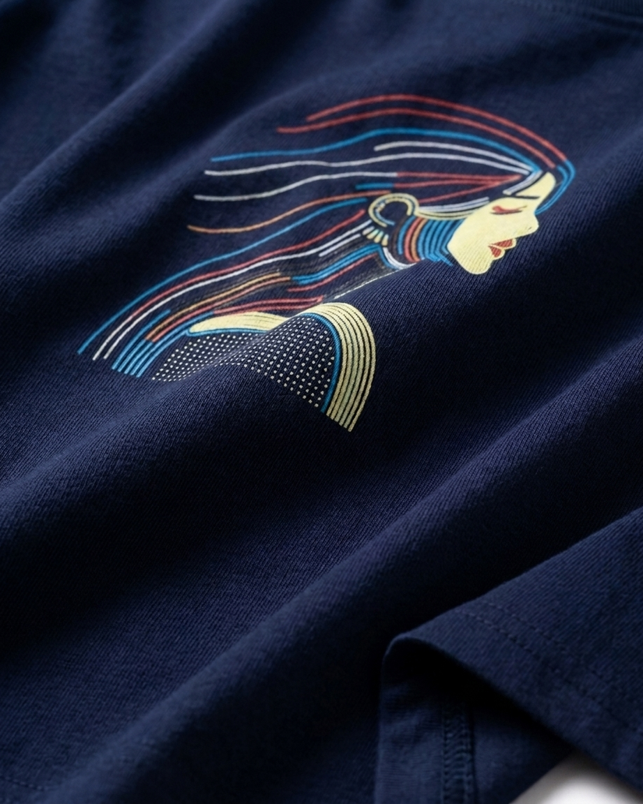 Women's Navy Blue Relaxed Fit Cotton Tee with Artistic Portrait Graphic