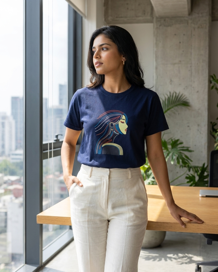Women's Navy Blue Relaxed Fit Cotton Tee with Artistic Portrait Graphic