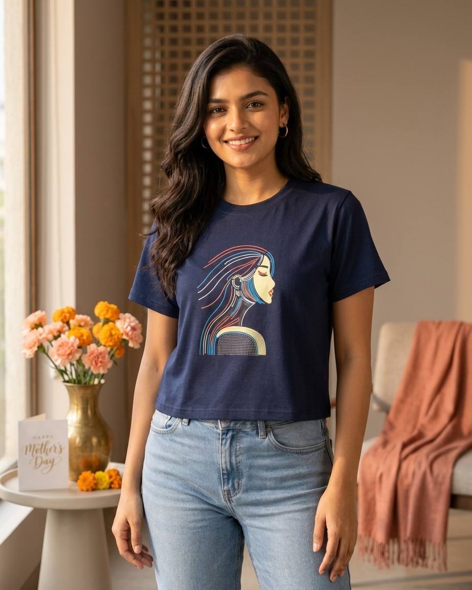 Women's Navy Blue Relaxed Fit Cotton Tee with Artistic Portrait Graphic