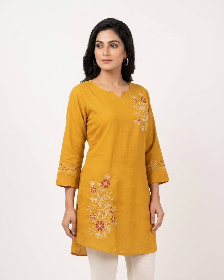 Navy Blue Floral Embroidered Cotton Slub Tunic